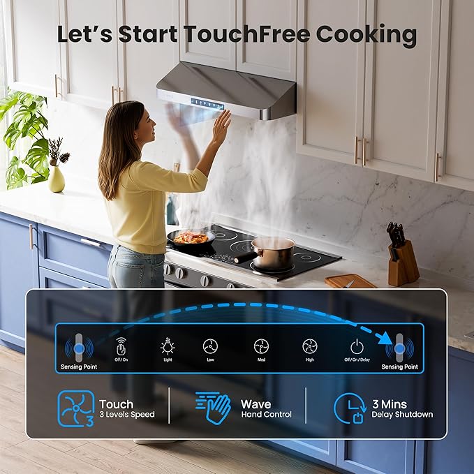 Range Hood 42 Inch Under Cabinet, 980CFM Fast Venting Ducted, Kitchen Hood With 3 Speed Gesture Sensing & Touch Control, Stainless Steel Stove Hood With LED Light And 2 Baffle Filters