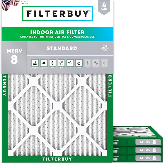 Filterbuy 17.5x21x1 Air Filter MERV 8 Essential Dust & Allergy Defense (4-Pack), Electrostatic Pleated HVAC AC Furnace Filters Replacement, Made in USA (Actual Size: 17.50 x 21.00 x 0.75)