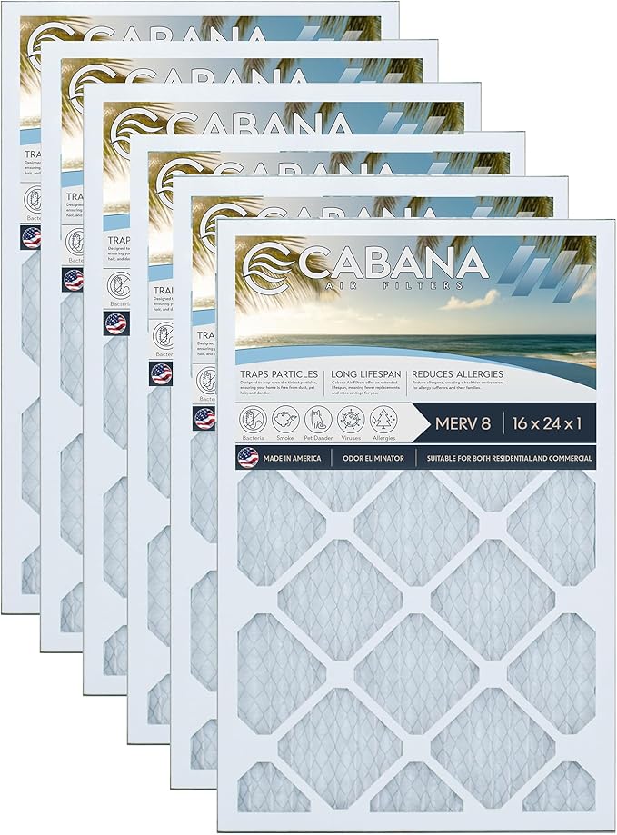 Cabana Filters 6-Pack 16x24x1 MERV 8 AC Furnace Air Filter for Home and Office - Indoor HVAC System Filtration Replacement, Captures Unwanted Particles