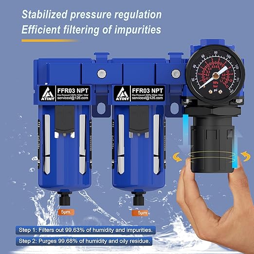 3/8" NPT Air Dryer System,Air Compressor Filter Dryer,5 and 5 Micron Filter Cartridge,Semi-Auto Drain, Metal Bracket-Blue