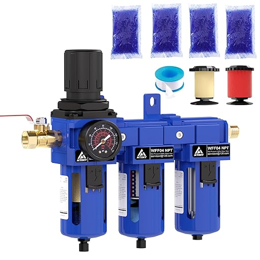 1/2 Inch NPT Three Stage Air Drying System,air Pressure Regulator with 5＆0.01 Micron Filter Cartridge，Desiccant Dryer & Air Regulator, Metal Bowl Manual Drainage-Blue