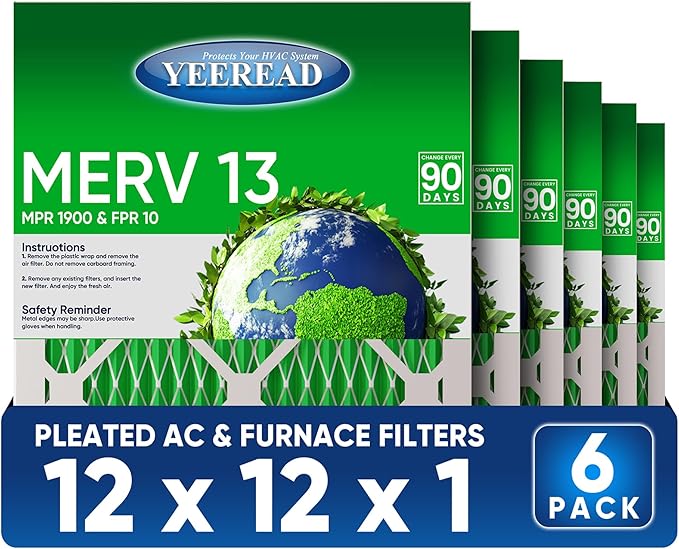 12x12x1 MERV 13 Air Filters, 6-Pack, Actual Size: 11.7" x 11.7" x 0.75", Pleated Design with Enhanced Filter Media for Superior Filtration,Perfect for HVAC, AC & Furnace Systems