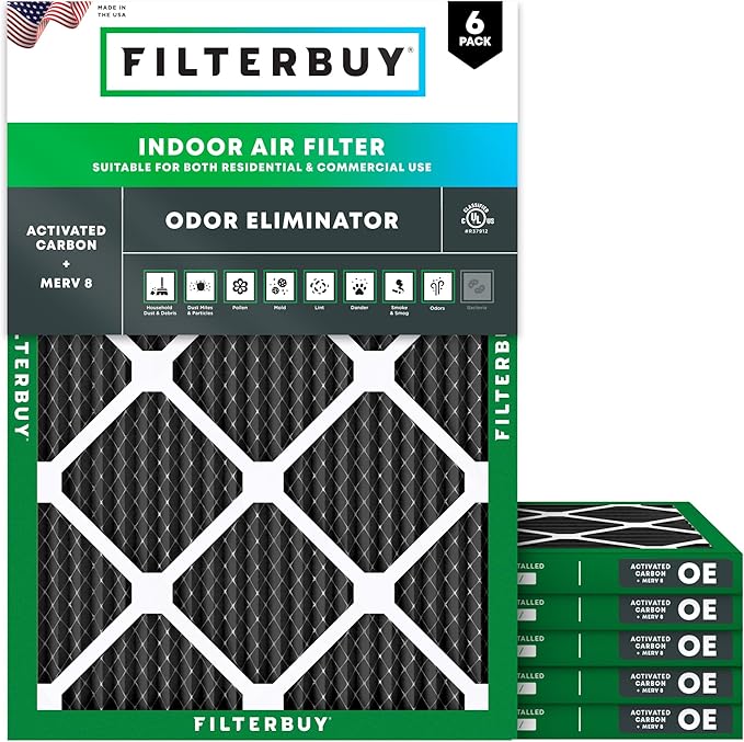 Filterbuy 22x24x1 Air Filter MERV 10 Odor & Allergy Defense with Activated Carbon (6-Pack), Electrostatic Pleated HVAC AC Furnace Filters Replacement, Made in USA (Actual Size: 21.50 x 23.50 x 0.75)