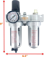 1/4" NPT Mid Flow Compressed Air In Line Filter Regulator Lubricator Oiler Combo Piggyback, Poly Bowl And Metal Body, 5 Micron Element, Adjustable From 7 to 145 PSI (MANUAL DRAIN)