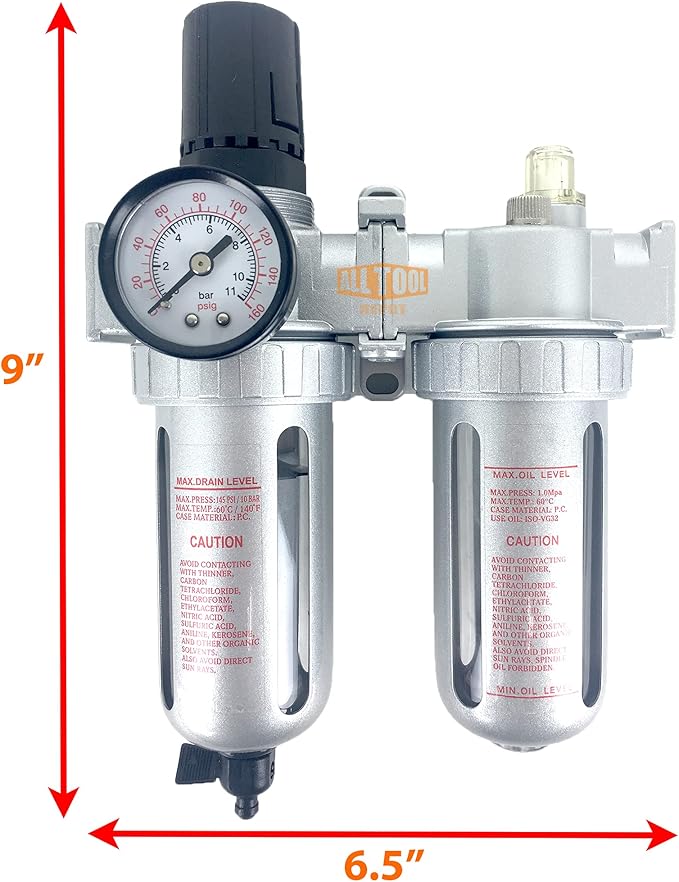 1/2" NPT Mid Flow Compressed Air In Line Filter Regulator Lubricator Oiler Combo Piggyback, Poly Bowl And Metal Body, 5 Micron Element, Adjustable From 7 to 145 PSI (MANUAL DRAIN)