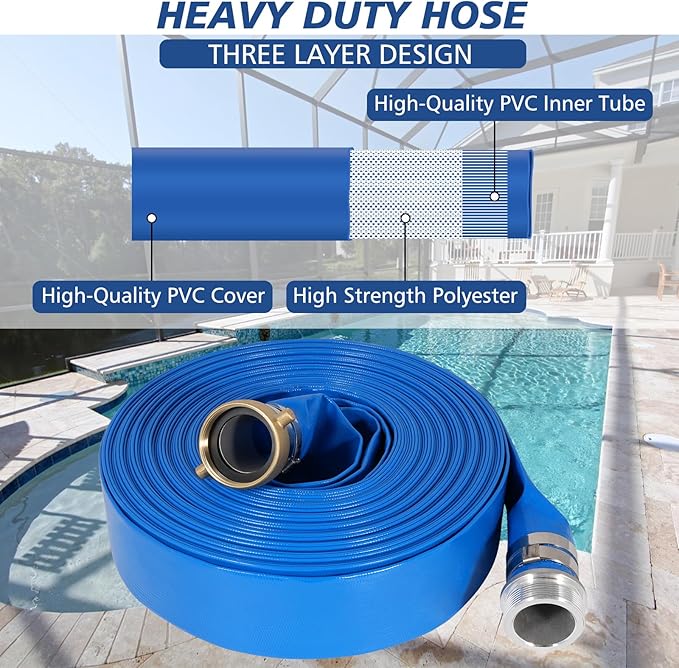 3" x 50 ft Backwash Hose for Swimming Pools, Heavy Duty PVC Lay Flat Water Discharge Hose,Durable Pool Drain Hose with Aluminum Pin Lug Fittings for Pump And Filters