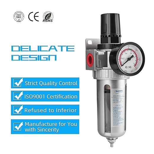 NANPU 1/4" NPT Compressed Air Filter Regulator Combo, Air Filter Pressure Regulator Gauge Kit Water Separator w/Pressure Gauge, 150PSI
