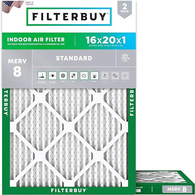 Filterbuy 16x20x1 Air Filter MERV 8 Essential Dust & Allergy Defense (2-Pack), Electrostatic Pleated HVAC AC Furnace Filters Replacement, Made in USA (Actual Size: 15.50 x 19.50 x 0.75)