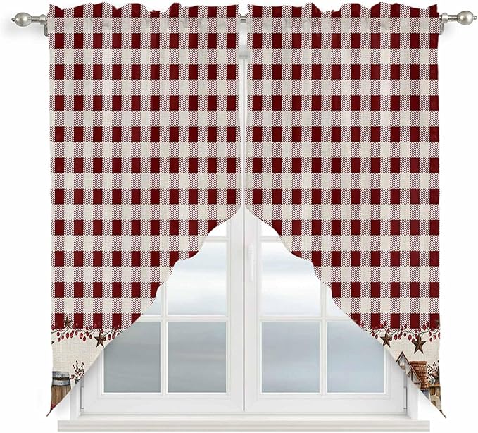 Swag Curtain Valances for Kitchen Windows,Farm Barn Western Star on Vintage Short Rod Pocket Window Valance,Red Buffalo Plaid Swag Topper for Bedroom Living Room,2 Panels 36x63in