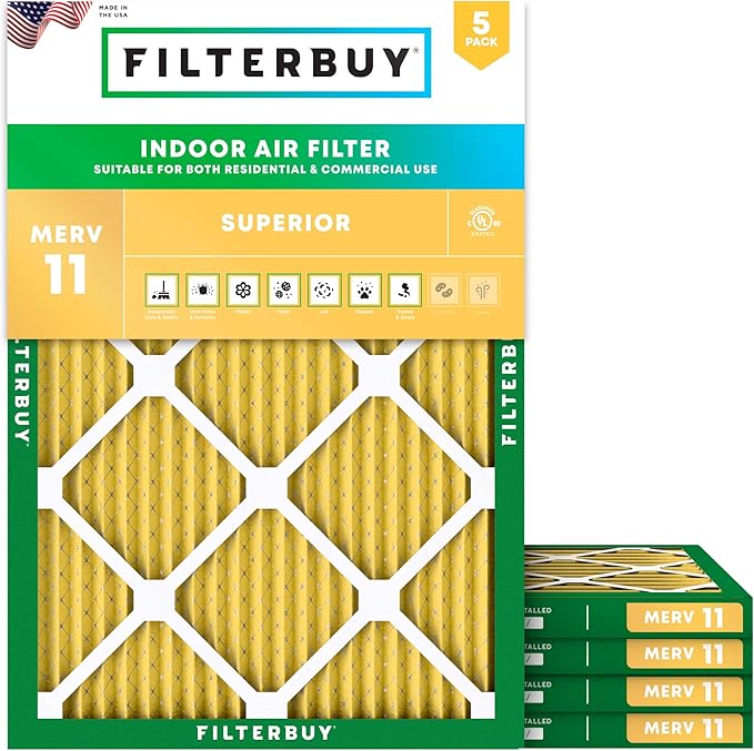 Filterbuy 10x16x1 Air Filter MERV 11 Superior Pet & Allergy Defense (5-Pack), Electrostatic Pleated HVAC AC Furnace Filters Replacement, Made in USA (Actual Size: 9.50 x 15.50 x 0.75)