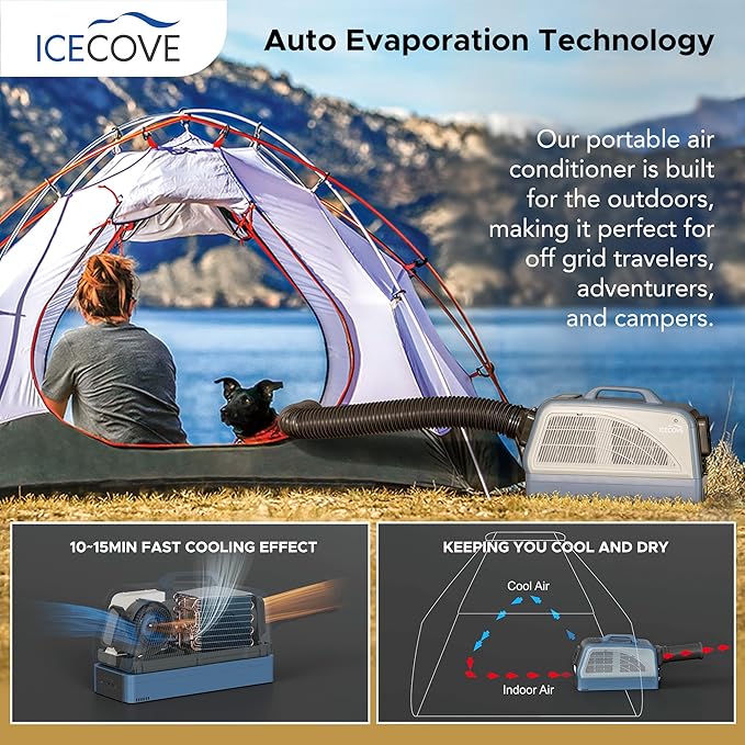 IceCove Portable Air Conditioner with Add-on Battery, 2500BTU Portable Car AC Unit, 250W Low Power Consumption, 25.5VDC, 2 Fan Speed, 3 Light Mode for Tent Camping RV Truck Van Life Home, Blue