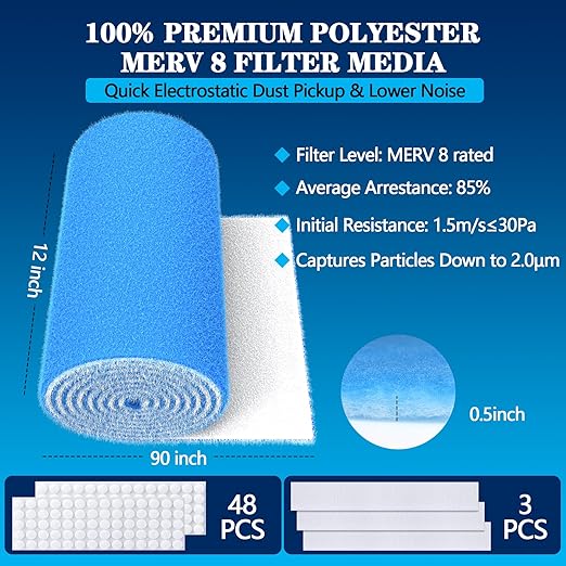 MERV 8 Air Vent Filters, 12" x 90"X 2Roll Cut to Fit Air Filter Material (100+ Filters),Electrostatic Triple Vent Filter for Floor, Ceiling, HVAC & RV Vents, Includes 48 Adhesive Hook Tape
