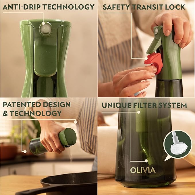 FLAIROSOL OLIVIA Oil Sprayer for Cooking, 200ml Glass Olive Oil Sprayer, Continuous Cooking Spray with Portion Control, Oil Dispenser for Kitchen, Air Fryer, Salad, BBQ (Green Bottle, Gold Print)