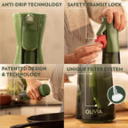 FLAIROSOL OLIVIA Oil Sprayer for Cooking, 200ml Glass Olive Oil Sprayer, Continuous Cooking Spray with Portion Control, Oil Dispenser for Kitchen, Air Fryer, Salad, BBQ (Green Bottle, Gold Print)