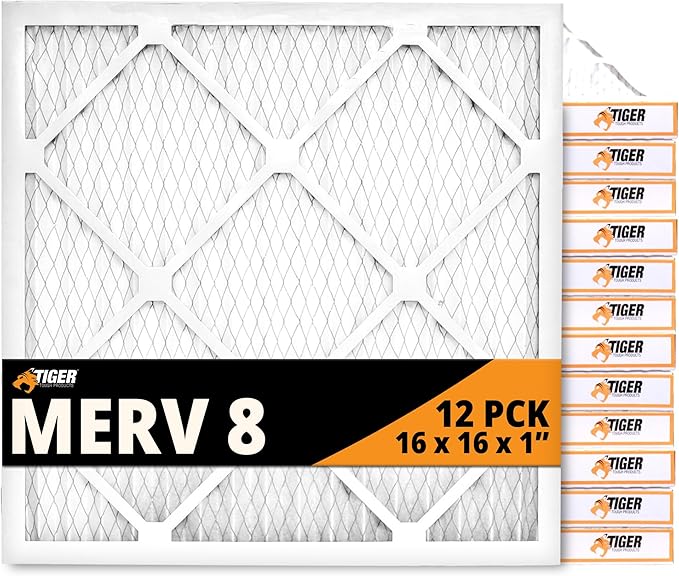 Tiger Tough 16x16x1 Air Filter MERV 8 MPR 600-800, High-Performance Pleated HVAC AC Furnace Filter Replacement for Home, 12-Pack