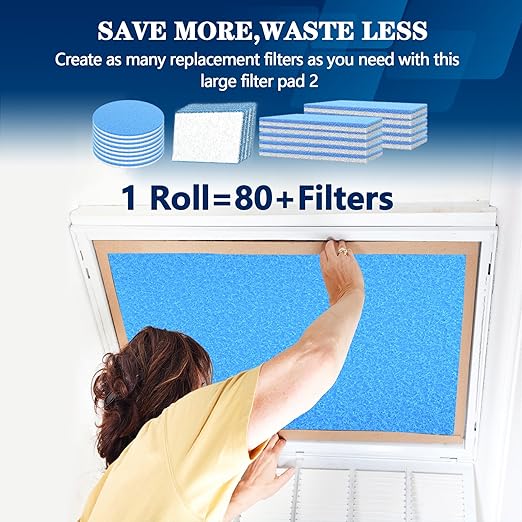 MERV 8 Air Vent Filters, 14" x 140"Cut to Fit Air Filter Material (80+ Filters),Electrostatic Triple Vent Filter for Floor, Ceiling, HVAC & RV Vents, Includes 48 Adhesive Hook Tape