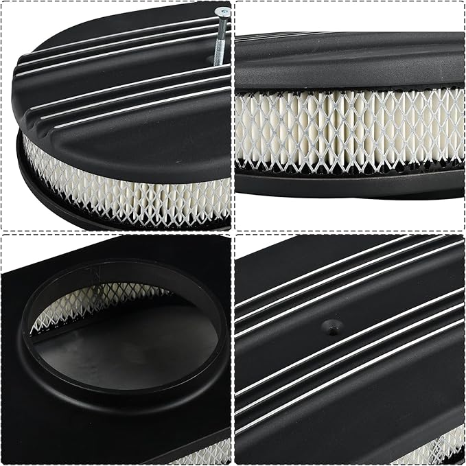 12" Air Cleaner Kit Oval Half Finned Black Aluminum Compatible with Classic Chevy Ford