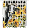 Retro Sunflowers Living Room Curtains 84 Inch Length, Window Curtains Tab Top, Farmhouse Floral Cow Butterfly Black Plaid Light Filtering Window Treatments Drapes 52"x84" 2 Panel