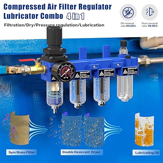 1/4"NPT Air Filter Regulator Lubricator Combo, Air Regulator and Water Separator,Air Compressor Water Separator,5 Micron Brass Filter Cartridge,Double Desiccant Dryers-Blue