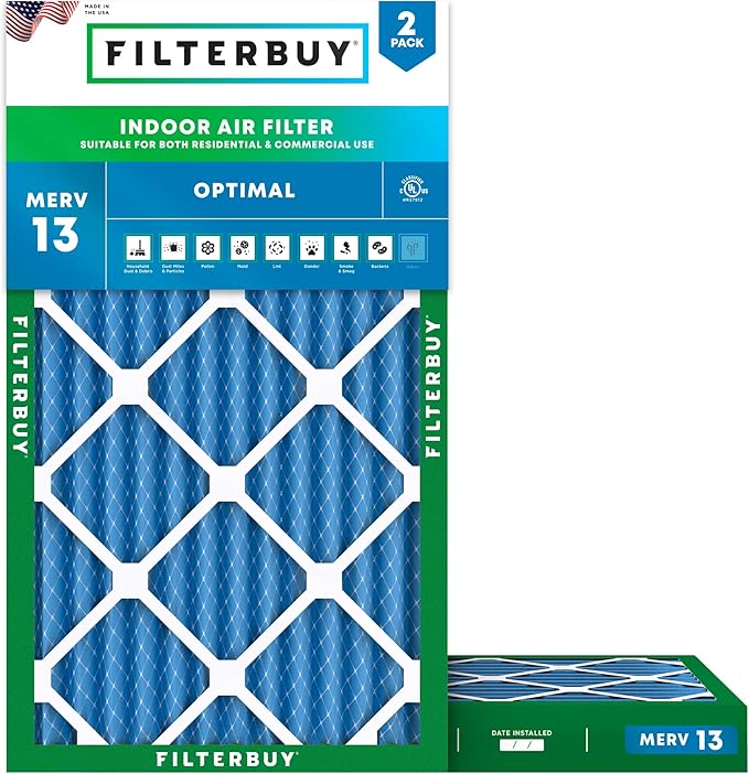 Filterbuy 12x24x2 Air Filter MERV 13 Optimal Smoke & Allergy Defense (2-Pack), Electrostatic Pleated HVAC AC Furnace Filters Replacement, Made in USA (Actual Size: 11.38 x 23.38 x 1.75)