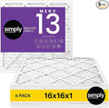 Simply 16x16x1 Air Filter, MERV 13, 6 Pack, For Home AC Furnace & HVAC (Actual Size: 15.75"x15.75"x0.75") DUST, Pet, & Allergy Control