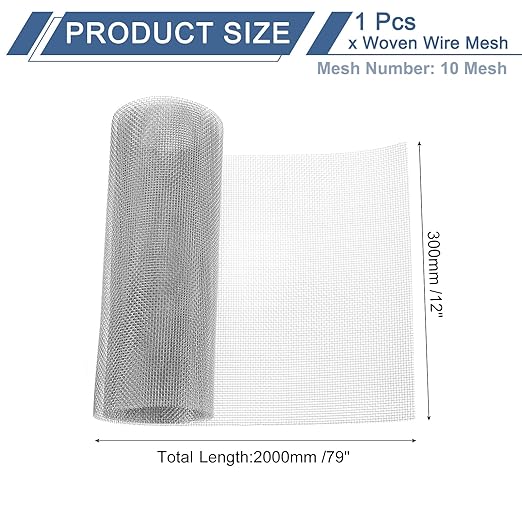 uxcell 10 Mesh 79" x 12" Woven Wire Mesh, 304 Stainless Steel Air Vent Filter Screen, Window Screen Mesh for DIY Projects Vents Cover Filtration Animals Fence