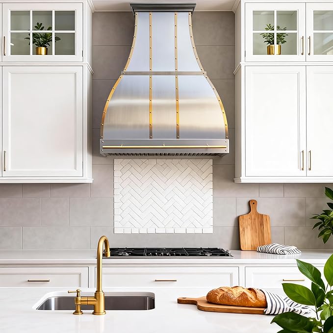 CHETTO C Stainless Steel Range Hood Cover with Quiet Vent Hood Insert Custom Handcrafted Metal Kitchen Fan with Towel Rack LED Light 48"W x21"D x57"H Brushed Stainless Steel Wall Mount