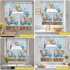 Swag Valance Curtains, Easter Truck with Rabbit Eggs Carrot Rod Pocket Valances Swag Topper for Kitchen Windows, Wood Barn and Blue Checker Light Filtering Short Curtain for Bedroom Bathroom 56x36In