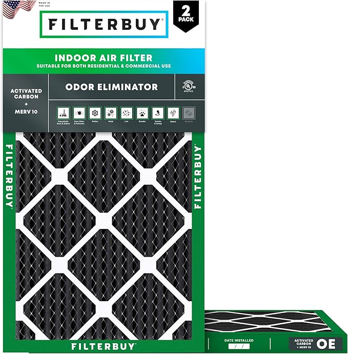 Filterbuy 14x24x1 Air Filter MERV 10 Odor & Allergy Defense with Activated Carbon (2-Pack), Electrostatic Pleated HVAC AC Furnace Filters Replacement, Made in USA (Actual Size: 13.38 x 23.38 x 0.75)
