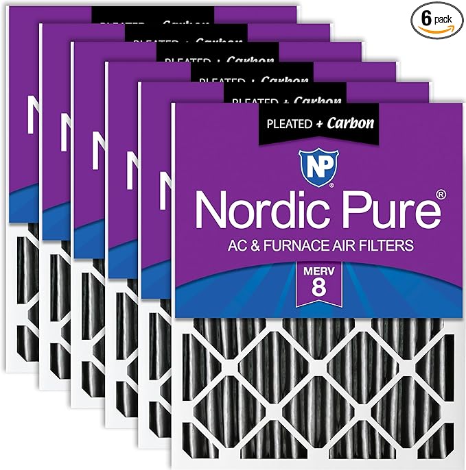 Nordic Pure 16x20x4 (Actual Size: 15 1/2 x 19 1/2 x 3 5/8) Pleated Plus Carbon Air Filters MERV 8 6 Pack