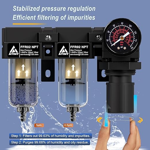 1/4" NPT Compressed air Dryer,Air Pressure Regulator Filter Combo,Air Compressor Filter Dryer,5 and 5 Micron Filter Cartridge,Semi-Auto Drain, Metal Bracket