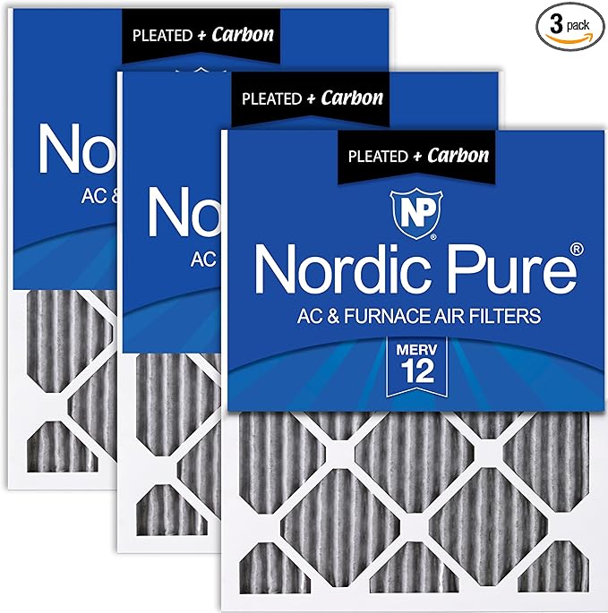 Nordic Pure 25x25x1 (Actual Size: 24 1/2 x 24 1/2 x 3/4) Furnace Air Filters MERV 12 Pleated Plus Carbon 3 Pack