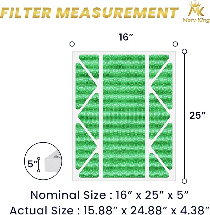 MervKing 16x25x5 Air Filter Actual Size: 15.88" x 24.88" x 4.38" MERV 13 MPR 1500-1900 | MADE IN USA | 1-Pack | Pleated HVAC AC Furnace Replacement