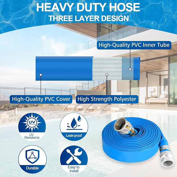 1.5" x 50 ft Backwash Hose for Swimming Pools, Heavy Duty PVC Water Lay Flat Discharge Hose,Durable Pool Drain Hose with Aluminum Camlock C and E Fittings for Pump And Filters