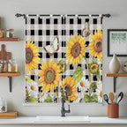 Sunflowers Living Room Curtains 84 Inch Length, Window Curtains Tab Top, Yellow Flowers Butterfly Farmhouse Black Plaid Light Filtering Window Treatments Drapes 42"x84" 2 Panel