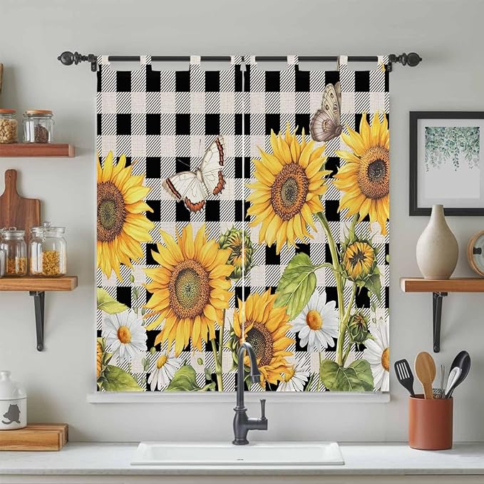 Sunflowers Bathroom Curtains 63 Inch Length, Window Curtains Tab Top, Yellow Flowers Butterfly Farmhouse Black Plaid Light Filtering Window Treatments Drapes 52"x63" 2 Panel