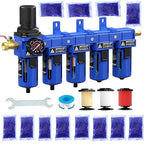 1/2'' NPT 5 Stage Air Drying System,5 &0.5 &0.01 Micron Filter Cartridge,Double Desiccant Dryers & Air Regulator,Metal Bowl, Semi-Auto Drain,Industrial Grade-Blue