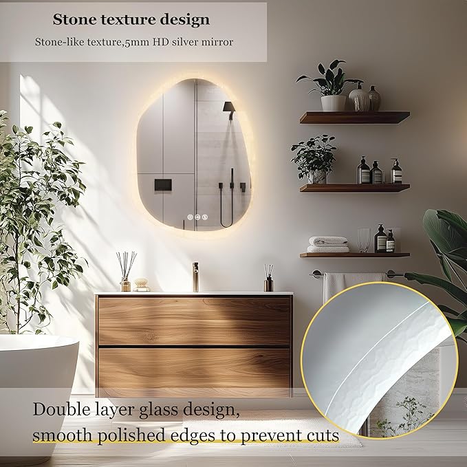 LUVODI Lighted LED Bathroom Mirror: 28”x20”Irregular Stone Pattern Frosted Wall Vanity Mirror with Bright Back Lit - Illuminated Dimmable 3 Colors Vanity Mirrors with Smart Memory Form Anti-Fog