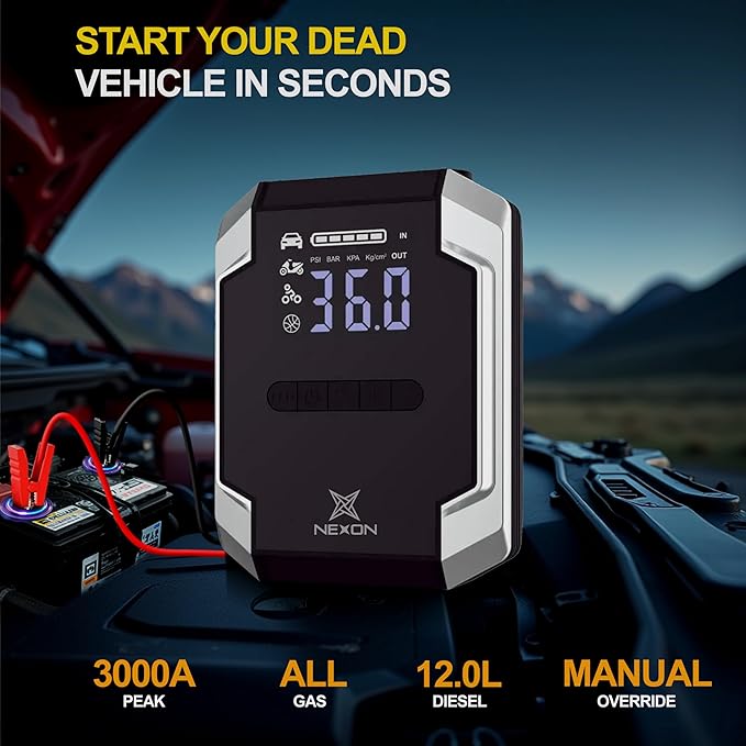 9-in-1 Jump Starter with 150PSI Air Compressor & Vacuum Cleaner, 20000mAh Portable Car Battery Jump Starter Box (All Gas/Diesel) Auto-Shutoff, Led Light Power Bank, Tire Inflator for Car & Vehicles