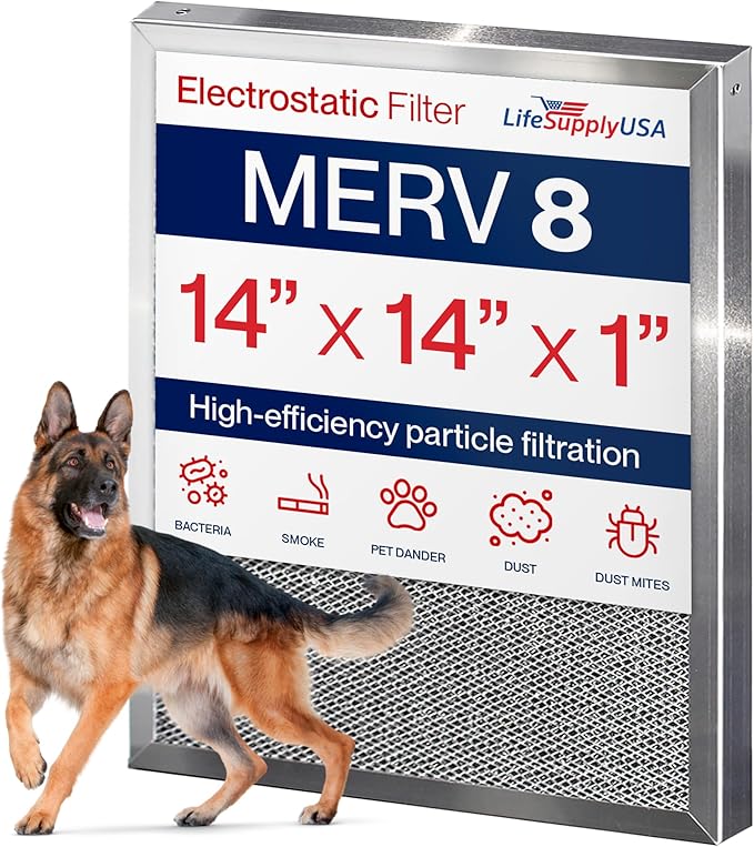 14x14x1 Electrostatic Air Filter, MERV 8, Washable, Reusable Furnace AC/HVAC Filter, Energy Saving, Easy to Clean, Long-Lasting by LifeSupplyUSA
