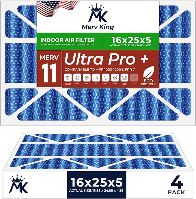 MervKing 16x25x5 Air Filter Actual Size: 15.88" x 24.88" x 4.38" MERV 11 MPR 1000-1200 | MADE IN USA | 4-Pack | Pleated HVAC AC Furnace Replacement