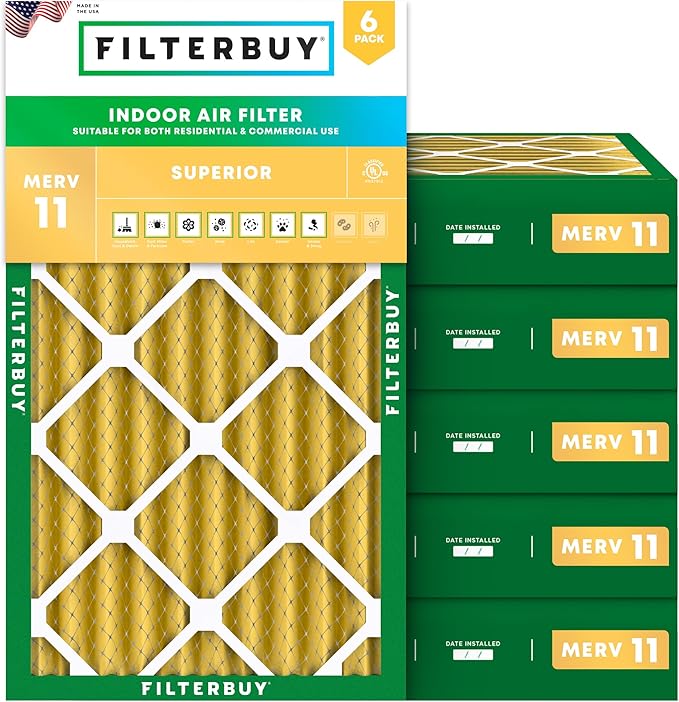 Filterbuy 10x20x4 Air Filter MERV 11 Superior Pet & Allergy Defense (6-Pack), Electrostatic Pleated HVAC AC Furnace Filters Replacement, Made in USA (Actual Size: 9.50 x 19.50 x 3.63)