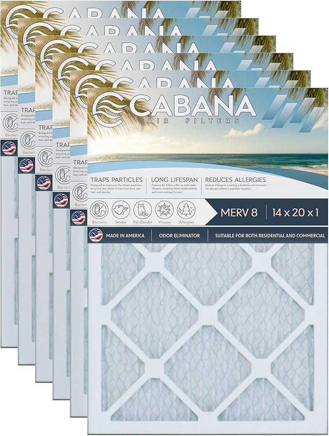 Cabana Filters 6-Pack 14x20x1 MERV 8 AC Furnace Air Filter for Home and Office - Indoor HVAC System Filtration Replacement, Captures Unwanted Particles