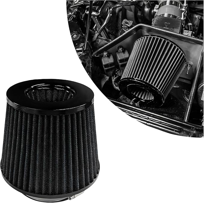 Sun Walker Clamp-on Air Intake Filter, 3/3.5/4 Inch High Flow Round Tapered Air Filter for Enhanced Engine Power, Washable & Reusable Cone Filters Replacement for Car Truck Motorcycle (Black)