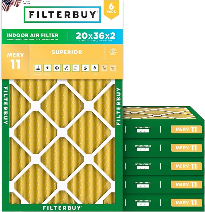 Filterbuy 20x36x2 Air Filter MERV 11 Superior Pet & Allergy Defense (6-Pack), Electrostatic Pleated HVAC AC Furnace Filters Replacement, Made in USA (Actual Size: 19.50 x 35.50 x 1.75)