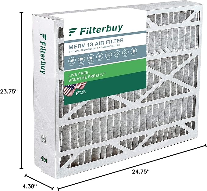 Filterbuy 24x25x5 Air Filter MERV 13 Optimal Smoke & Allergy Defense (1-Pack), Electrostatic Pleated HVAC AC Furnace Filters for Carrier FILXXCAR0024, Maytag & More (Actual Size: 23.63 x 24.69 x 4.25)
