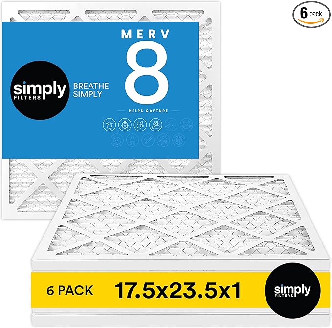 Simply 17.5x23.5x1 Air Filter, Merv 8, 6 Pack, For Home AC Furnace & HVAC (Actual Size: 17.5x23.5x"x0.75") DUST, Pet, & Allergy Control