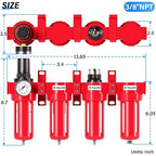 TAILONZ PNEUMATIC 3/8 Inch NPT 0-150 PSI Red Industrial Grade 4 Stage Air Drying System, Double Particulate Filter, Coalescing Filte,Desiccant Dryer and Air Regulator Manual Drainage