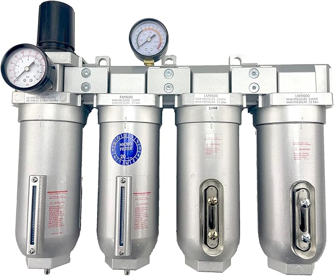 4 STAGE SUPER DUTY INDUSTRIAL GRADE ULTRA CLEAN FILTER REGULATOR COALESCING DESICCANT DRYER SYSTEM FOR COMPRESSED AIR LINES METAL BOWLS GREAT FOR PAINT SPRAY AND PLASMA CUTTER (1"NPT MANUAL DRAIN)