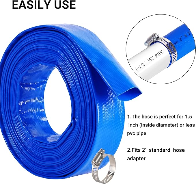 2" x 50 FT Pool Backwash Hose Blue Heavy Duty Reinforced PVC Lay Flat Water Discharge Hose for Swimming Pool Filter Pump,with 2 Clamp